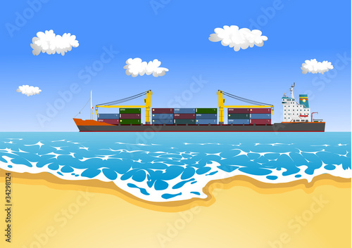 container ship sailing near the sandy beach