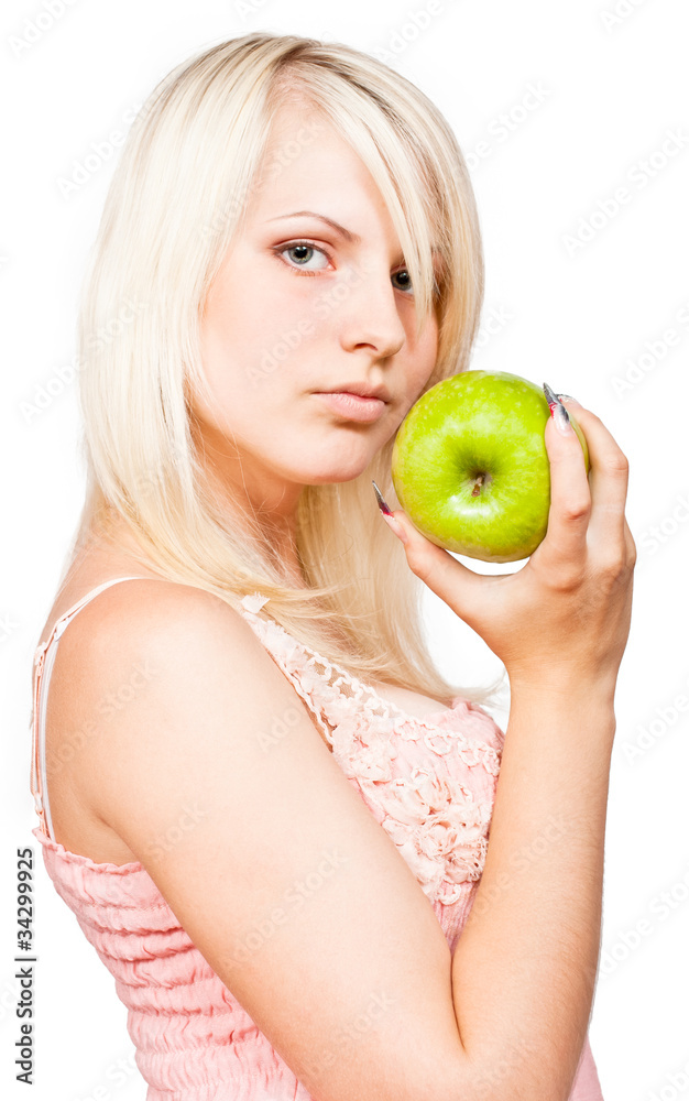 Beautiful blonde girl with fresh green apple Beautiful blonde girl with fresh green apple