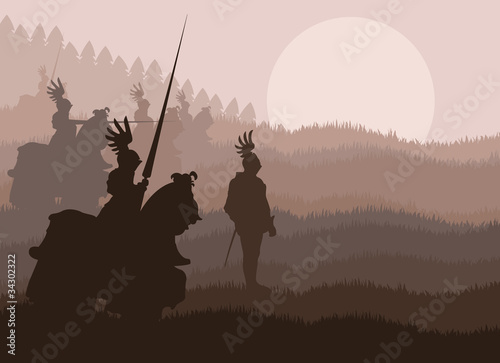 Medieval knights in battle vector background