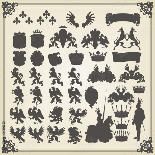 Heraldic silhouettes set of many vintage elements vector