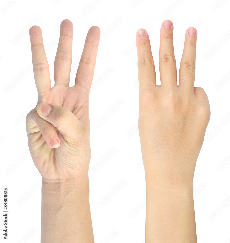 showing number three of woman hand isolated on white background