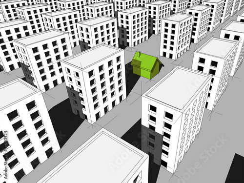 green „ecological“ house surrounded by many blocks of flats