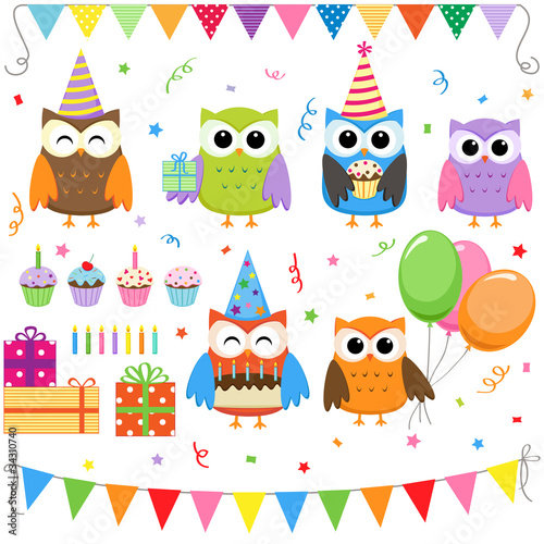Set of vector birthday party elements with cute owls #34310740