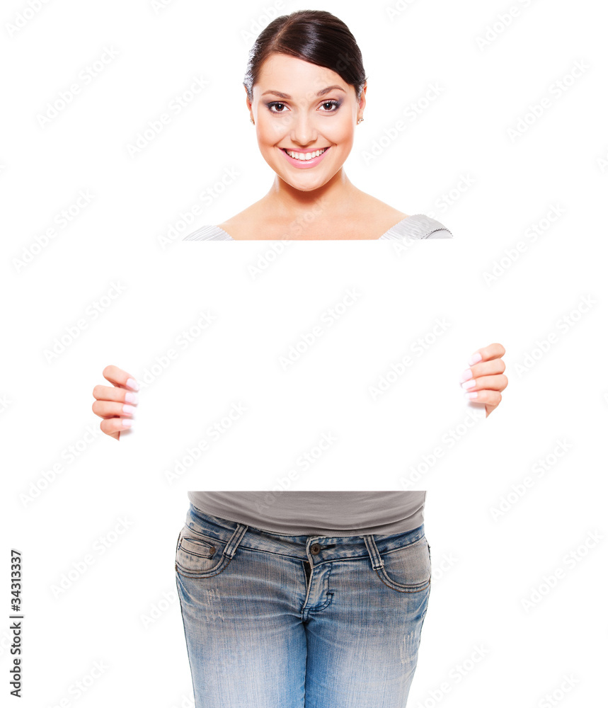 smiley woman holding empty blank