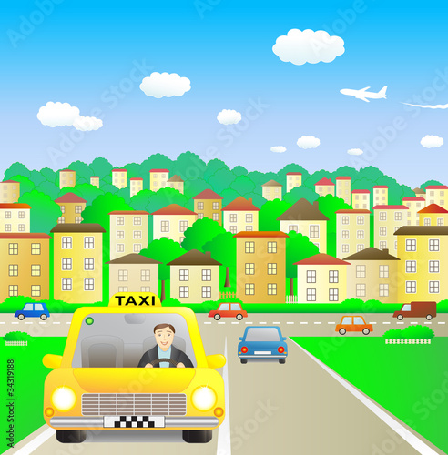 Funny taxi driver in summer city