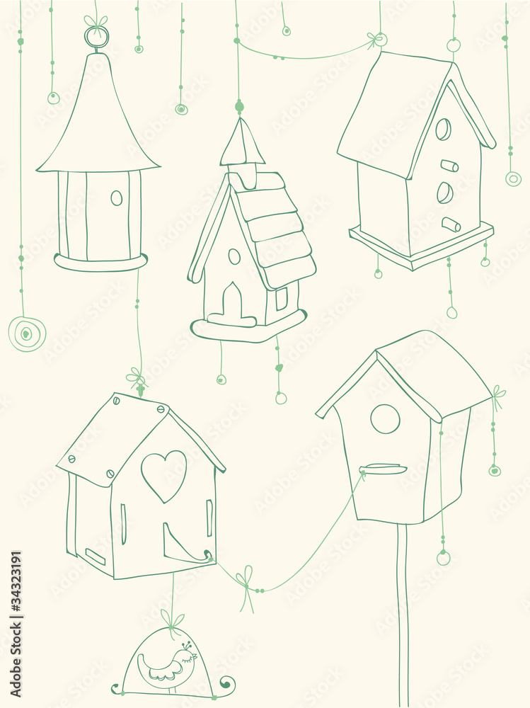 Greeting Card with Birds and Bird Houses doodles - for design an