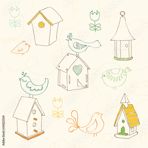 Birds and Bird Houses doodles - for design and scrapbook