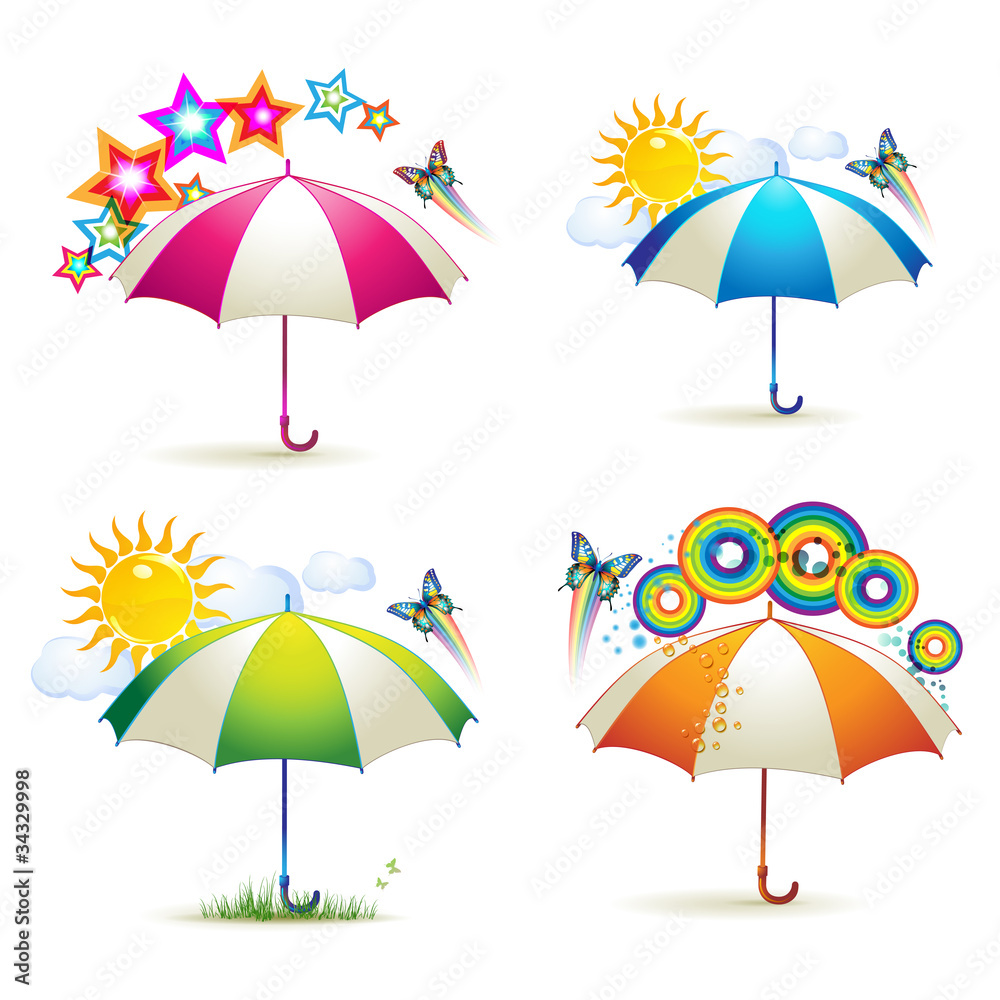 Colored umbrellas with stars, circles, sun and butterflies