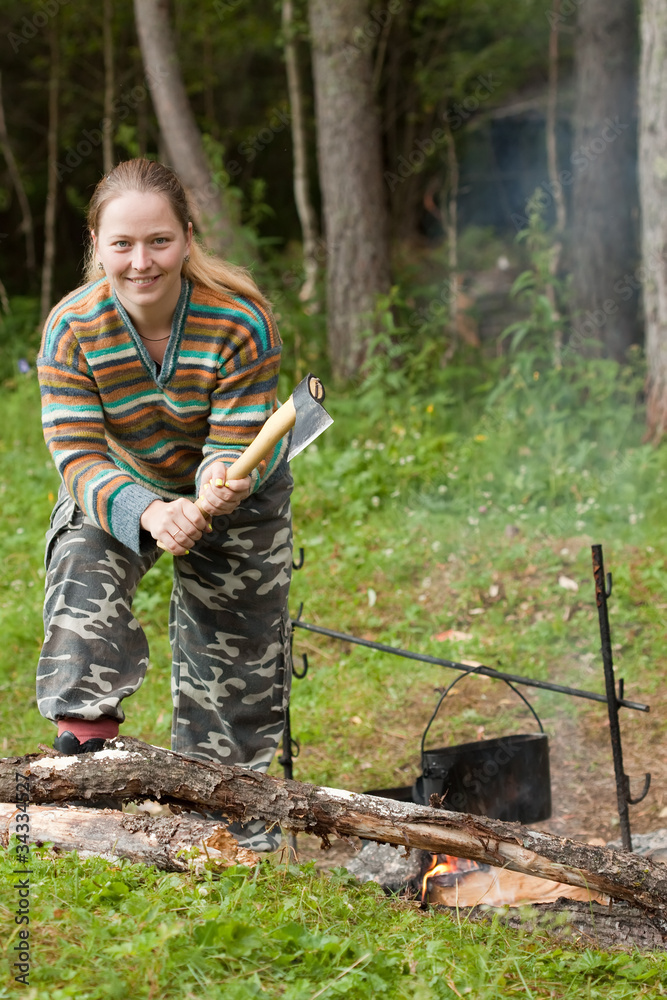 tourist  making firewoods