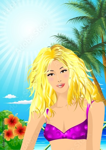 Ragazza Bionda ai Tropici-Blond Girl and Tropical Seascape
