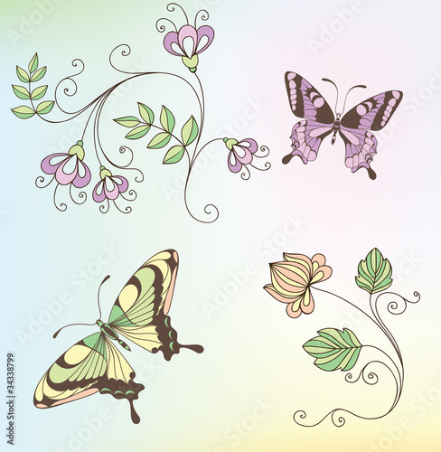 set of flowers and butterflies