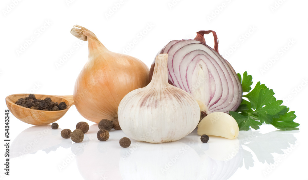 Fototapeta premium garlic, onion and green parsley on white