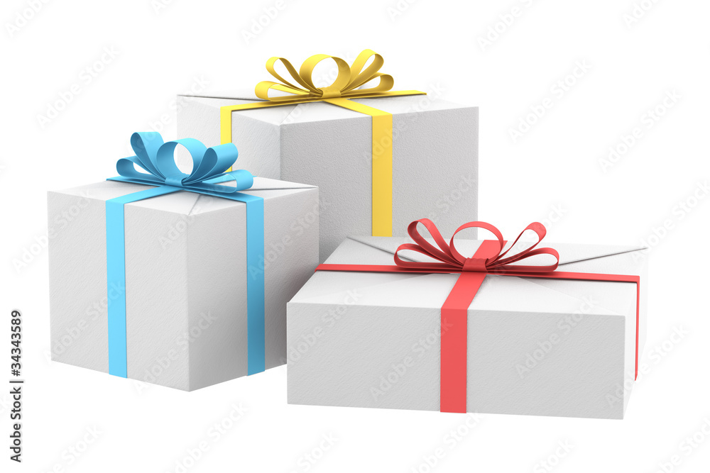 three white gift boxes with color ribbons and bows isolated three white gift boxes with color ribbons and bows isolated