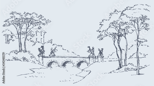 Palace park landscape with a bridge