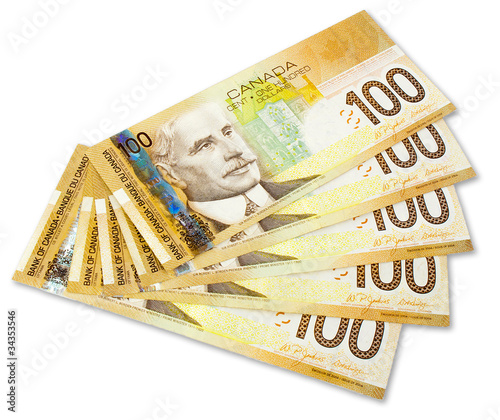 Five of $100 Canadian Banknotes. With clipping path.