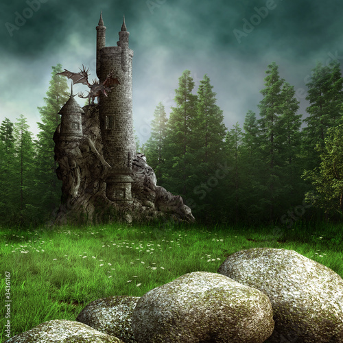 Zamek fantasy w lesie
