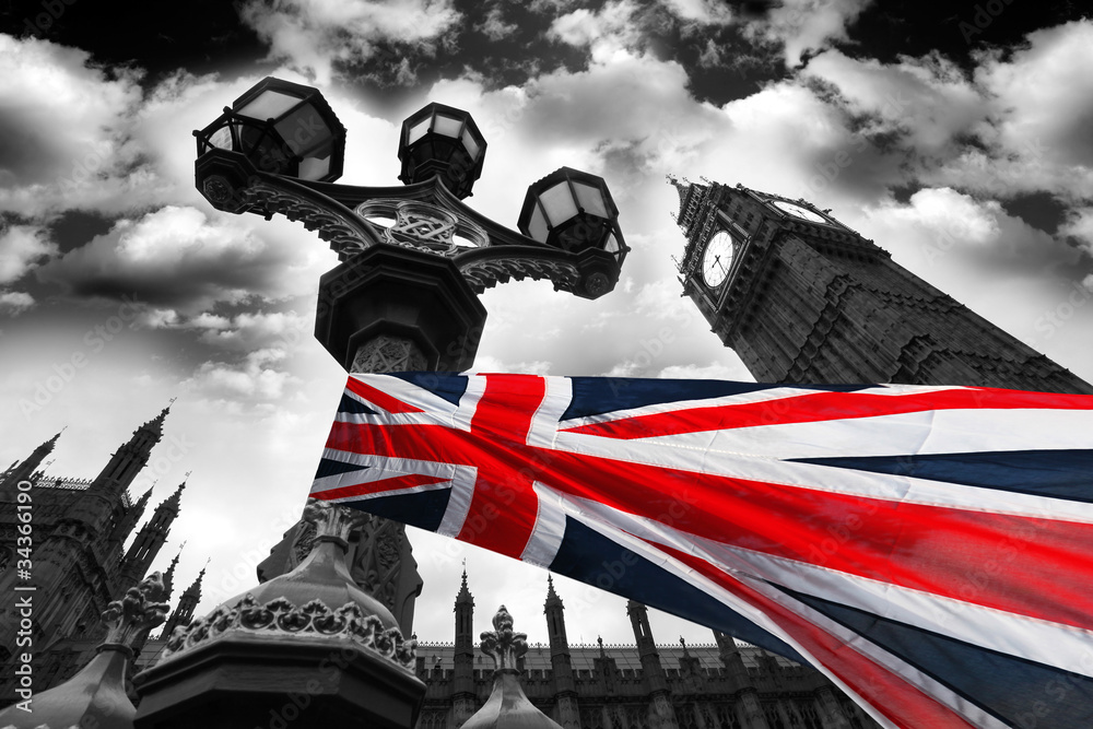 Fototapeta premium Big Ben with colorful flag of England, London, UK