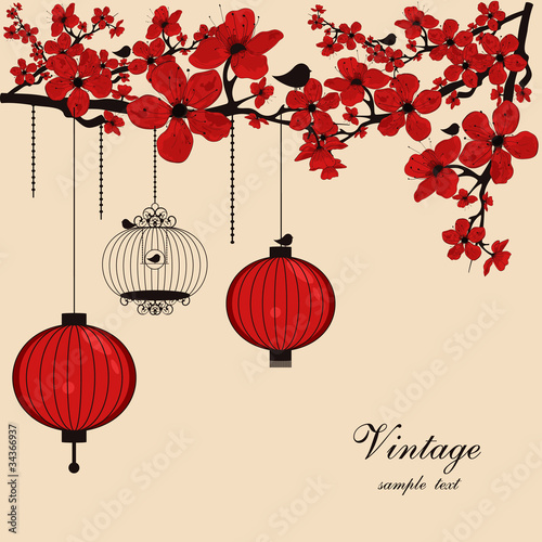 floral background with chinese lanterns and birdcage