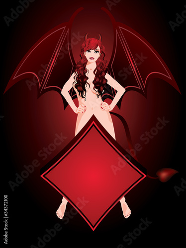 Beautiful Devil girl and poker diamond, vecor illustration
