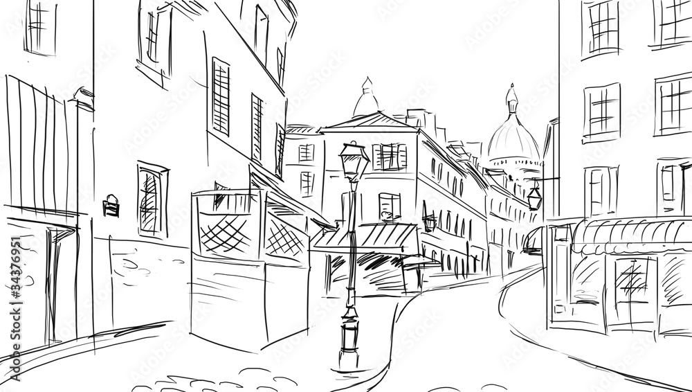 sketch illustration. street - facades of old houses