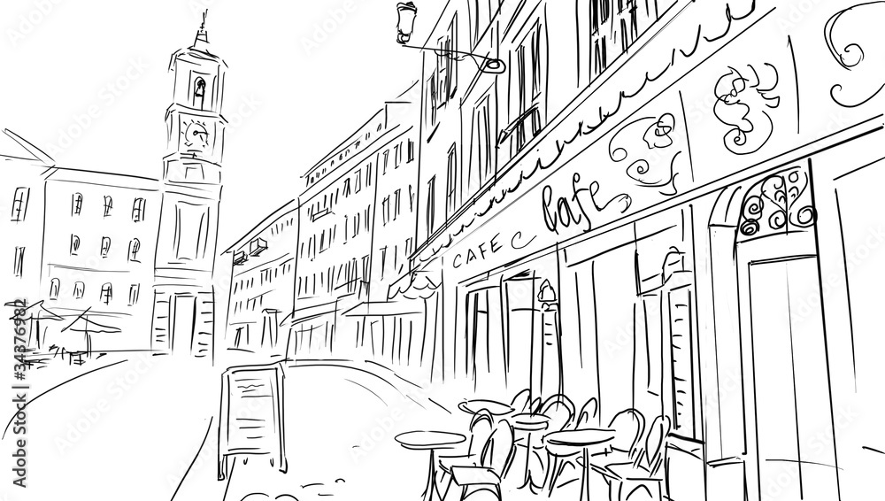 sketch illustration. street - facades of old houses