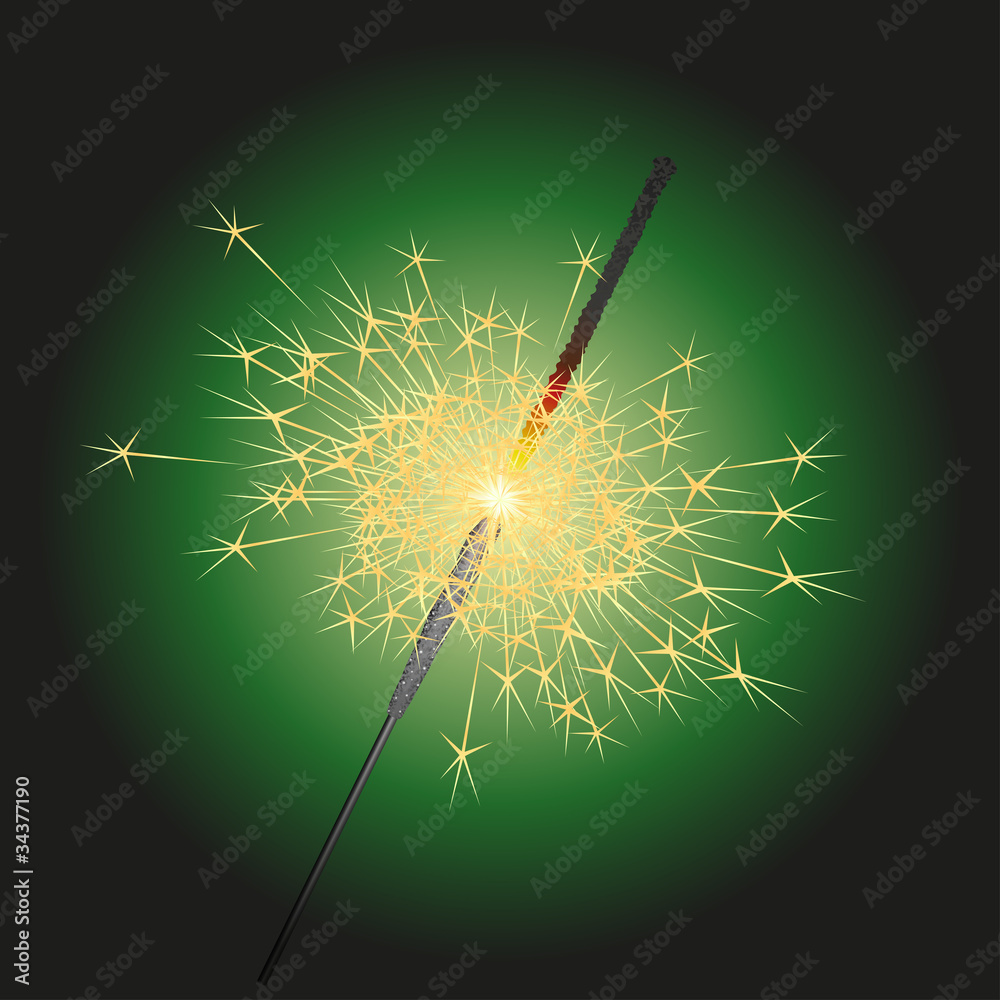 Obraz premium Sparkler on green background. Realistic vector illustration.