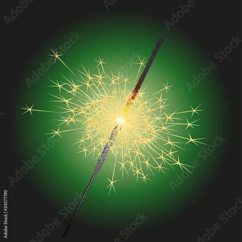 Sparkler on green background. Realistic vector illustration.