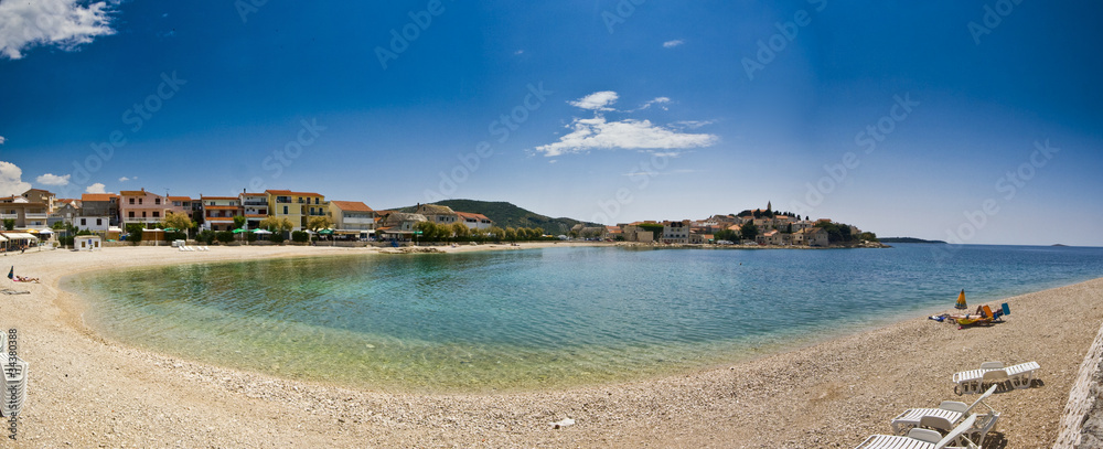 Panorama of Primosten beach and town
