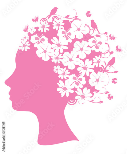 vector head silhouette with flowers and birds © peony