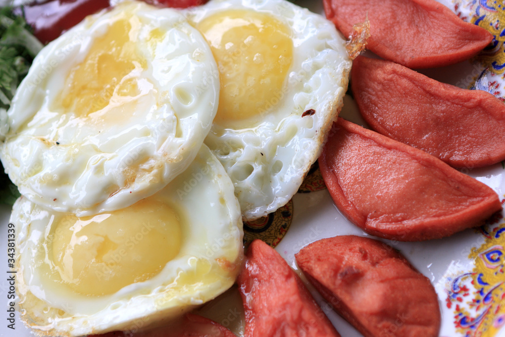 fried eggs with sausages fried eggs with sausages