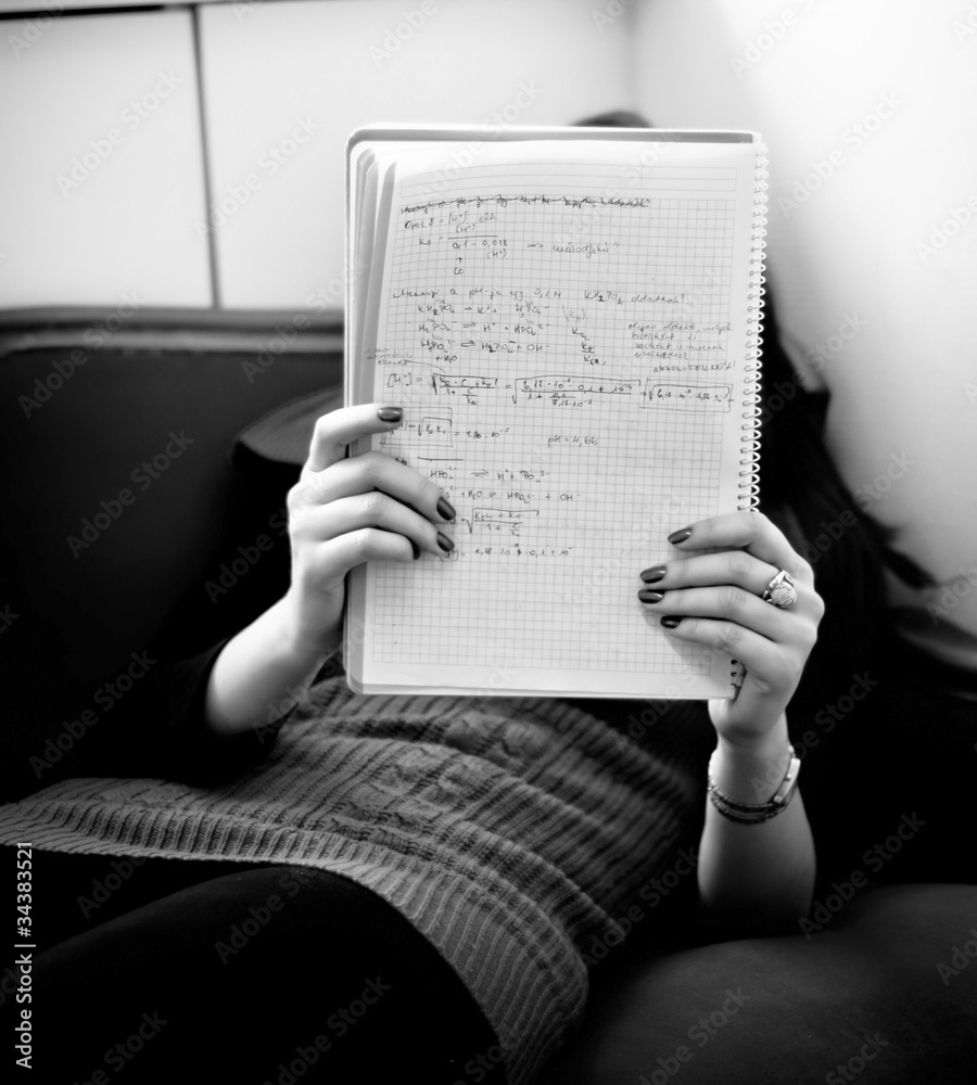 Fototapeta premium young girl reading notes on a couch