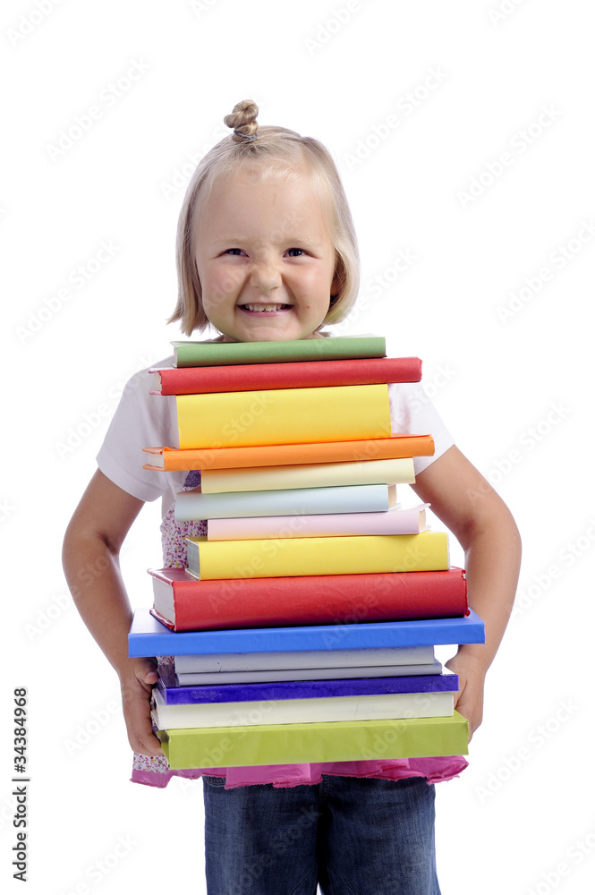 happy little girl with heavy stack of books happy little girl with heavy stack of books
