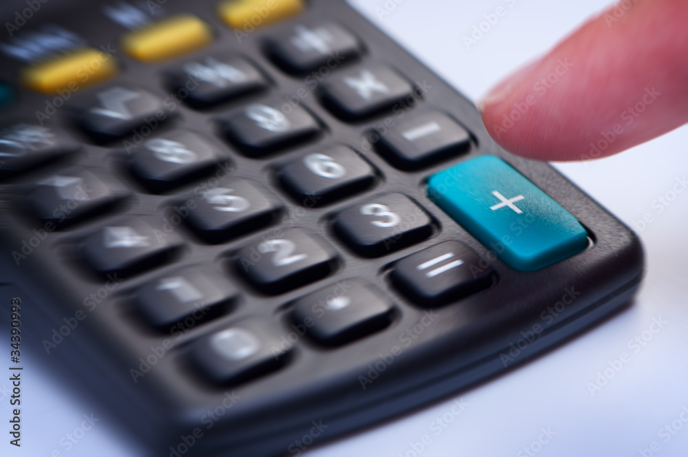 Calculator with button, plus close-up. Calculator with button, plus close-up.