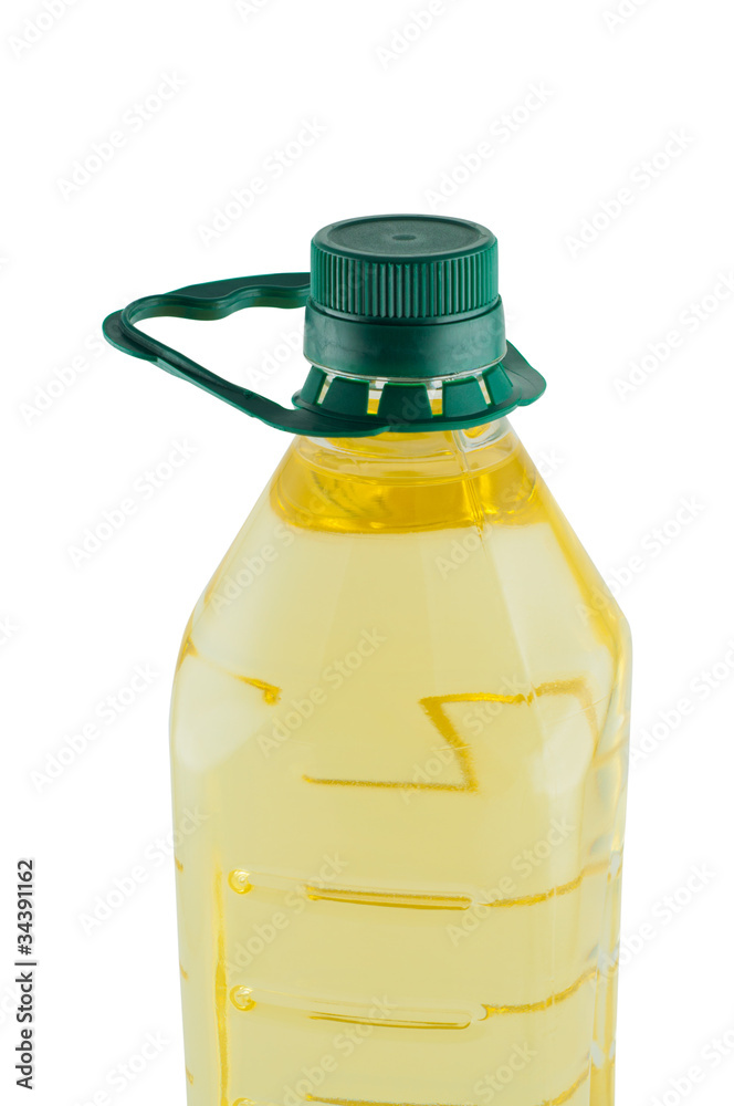 Oil in plastic bottle isolated white background.