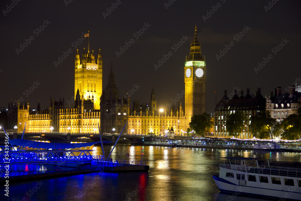 The Parliament, Big Ben and the River Thames by night