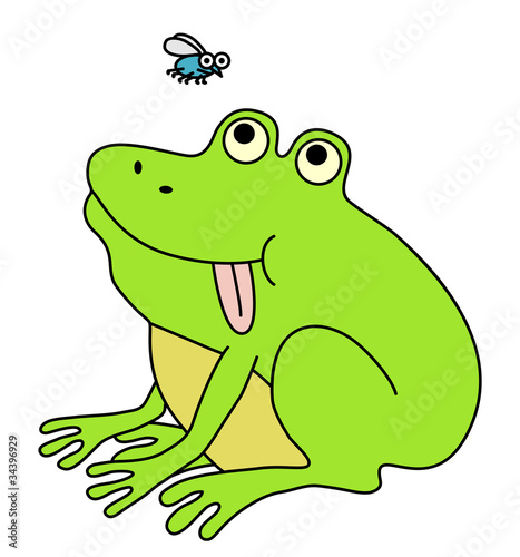 Fat frog waiting for fly. Funny cartoon illustration.