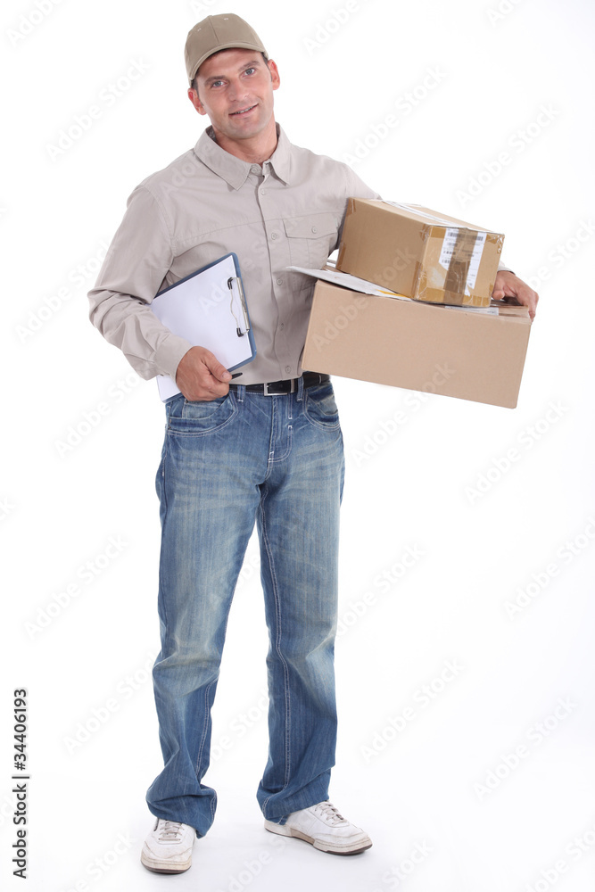 Courier with a clipboard and parcels Courier with a clipboard and parcels