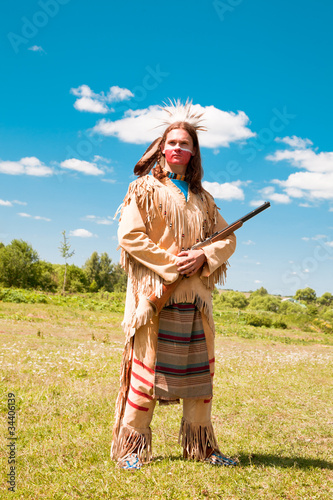 North American Indian in full dress. Reconstruction