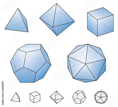 Platonic solids with blue surfaces. Regular, convex polyhedrons in Euclidean geometry. Tetrahedron, hexahedron, octahedron, dodecahedron and icosahedron. Isolated illustration on white background.