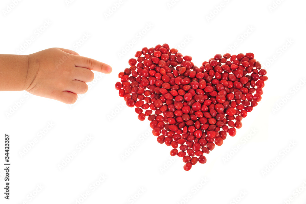Pointing At A Heart Shape Formed By Red Seeds Pointing At A Heart Shape Formed By Red Seeds