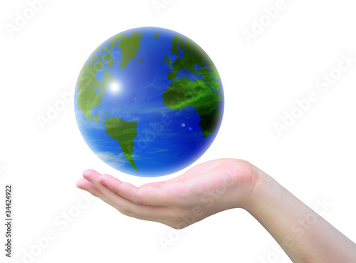 world and women hand on white background