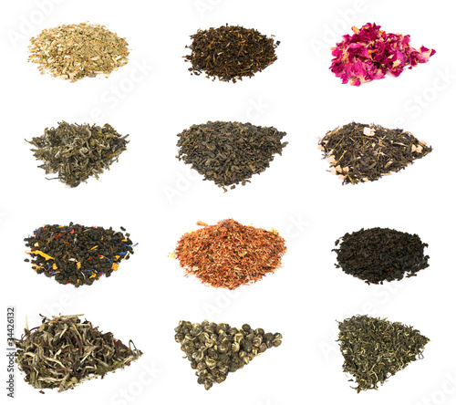 Set of different tea types: green, black, floral and herbal