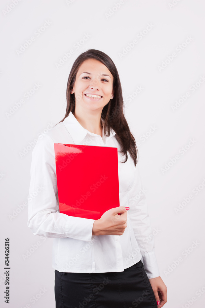 Portrait of young happy smiling businesswoman with red folder, Portrait of young happy smiling businesswoman with red folder,
