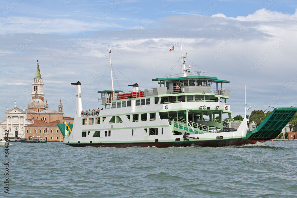 Ship type ferry boat to transport vehicles in the lagoon