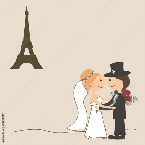 Wedding invitation card with funny bride and groom