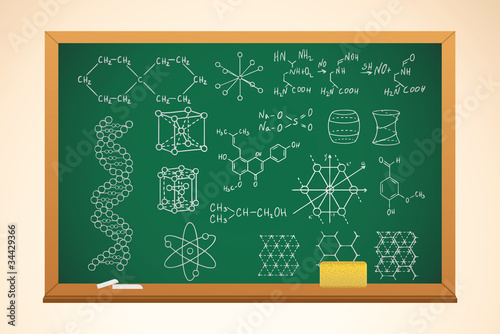 chemistry school background with blackboard and symbols on it, v