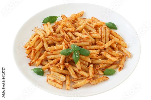 penne with sauce and basil