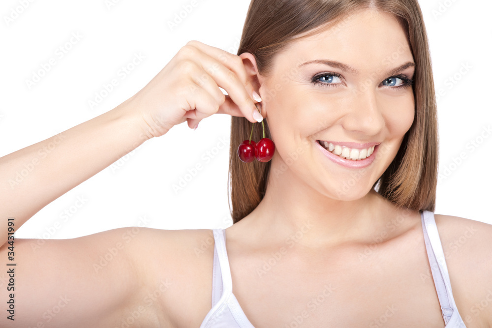 funny woman playing with cherries funny woman playing with cherries