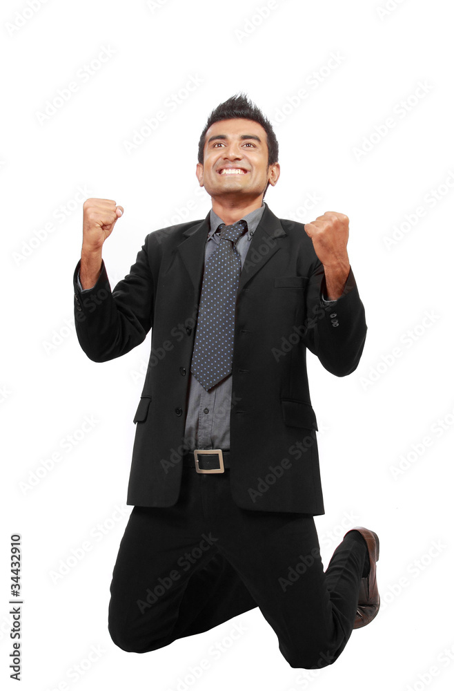 Successful businessman raise his hands, celebrating a win Successful businessman raise his hands, celebrating a win