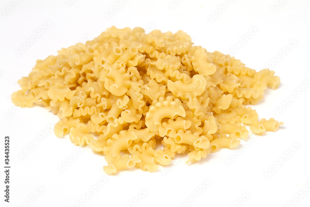 close up of a dried italian pasta on white background